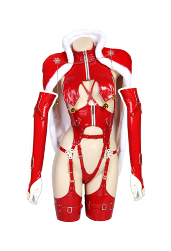 BLOOD ROSY BRIDE Women Sexy Glamorous Lingerie Set Red Leatherette Cross Strap Hollow Chest Bodysuit with Cape